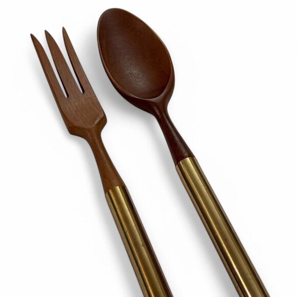 Vintage Mcm Nasco Japanese Brown and gold wooden / metal salad fork & spoon set - Picture 2 of 7